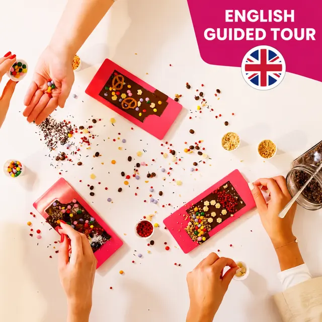 Two people decorate chocolate bars with colorful candy, sprinkles, and other toppings. This photo is based on a real photograph and has been enhanced using artificial intelligence to optimize colors, lighting, and overall image quality.